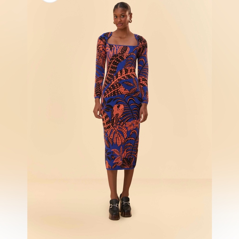🦜Farm Rio Blue Tropical Gold Long Sleeve Dress 💙🧡✨